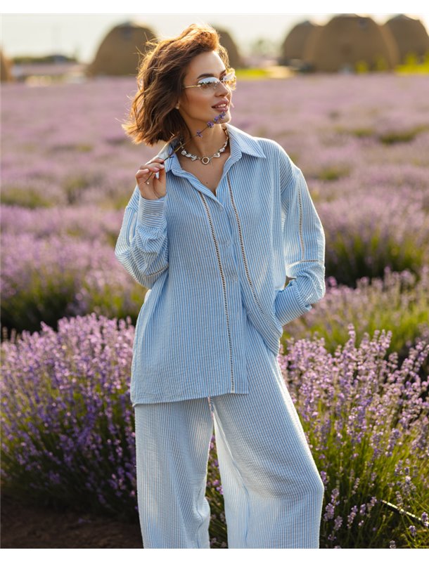 Домашній костюм-трійка "Bianca" (сорочка+штани+шорти) льон + мереживо Блакитний 4849 QC фото - Luxbikini