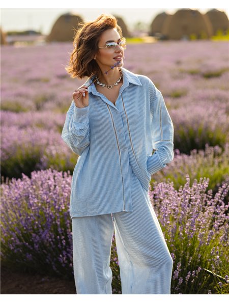 Домашній костюм-трійка "Bianca" (сорочка+штани+шорти) льон + мереживо Блакитний 4849 QC фото - Luxbikini