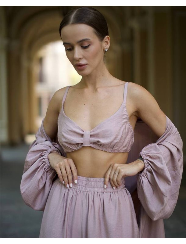 Піжамний костюм-трійка Diana шліфований льон (бра+халат+штани) Пудра 4843 QC фото - Luxbikini