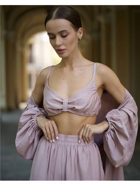 Піжамний костюм-трійка Diana шліфований льон (бра+халат+штани) Пудра 4844 QC фото - Luxbikini