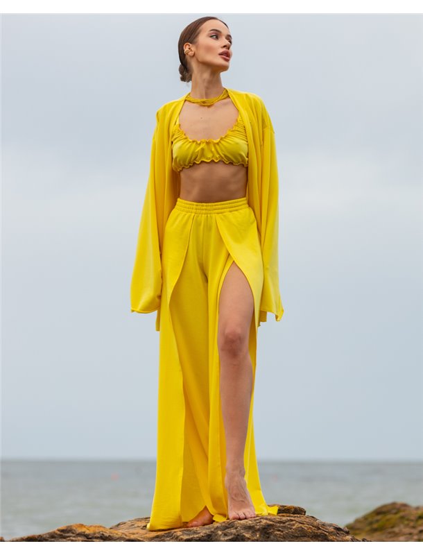 Домашній костюм "Afina" (халат+топ+штани) трикотаж двунитка Жовтий 4837 QC фото - Luxbikini