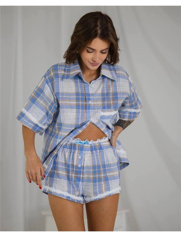 Жіночий костюм в піжамному стилі "Judy" бавовна преміум якості + італійське мереживо Блакитний 4773 QC фото - Luxbikini