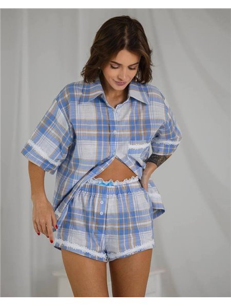 Жіночий костюм в піжамному стилі "Judy" бавовна преміум якості + італійське мереживо Блакитний 4773 QC фото - Luxbikini