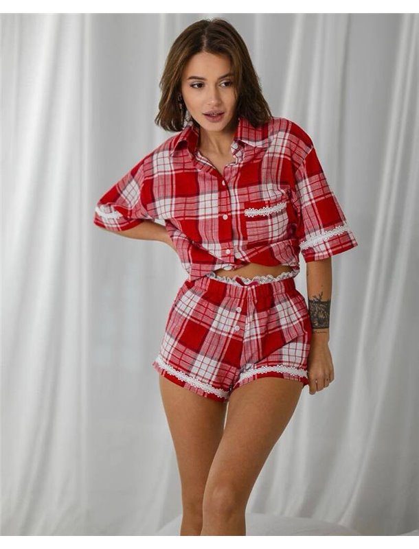 Жіночий костюм в піжамному стилі "Judy" бавовна преміум якості + італійське мереживо Червоний 4763 QC фото - Luxbikini