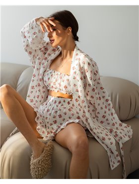 Піжамний костюм-трійка "Rose" (халат+топ+шорти) муслін Червоний 4725 QC фото - Luxbikini