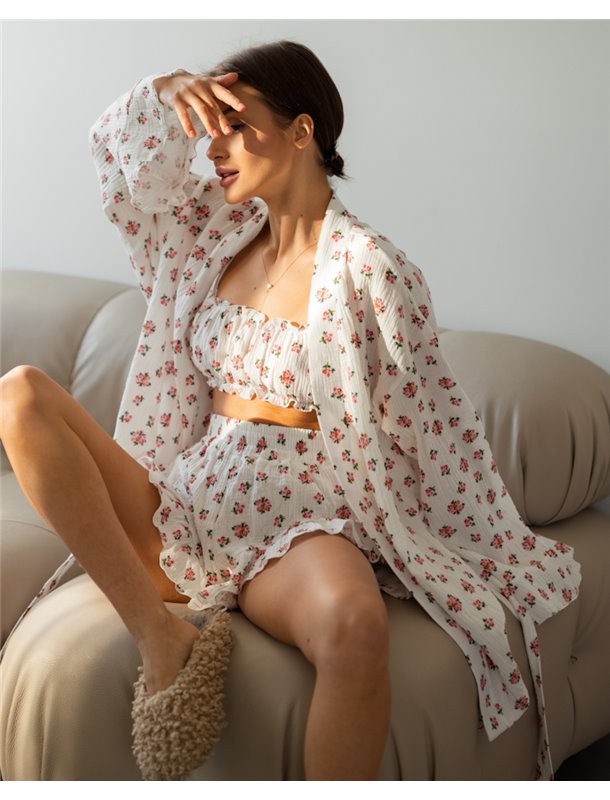 Піжамний костюм-трійка "Rose" (халат+топ+шорти) муслін Червоний 4725 QC фото - Luxbikini