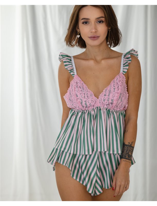 Жіноча піжама "Nora" шовк Армані + мереживо Зелено-рожевий 4692 QC фото - Luxbikini