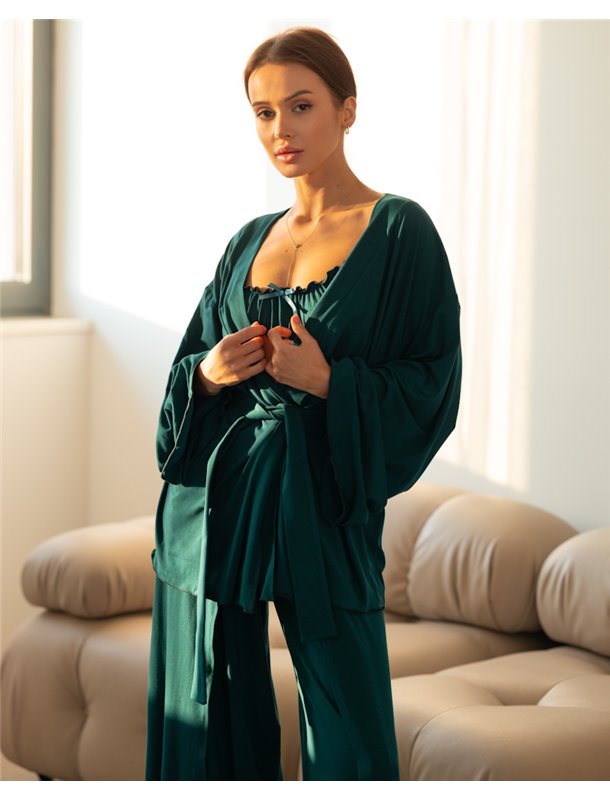 Домашній костюм "Afina" (халат+топ+штани) трикотаж двунитка Смарагдовий 4654 QC фото - Luxbikini
