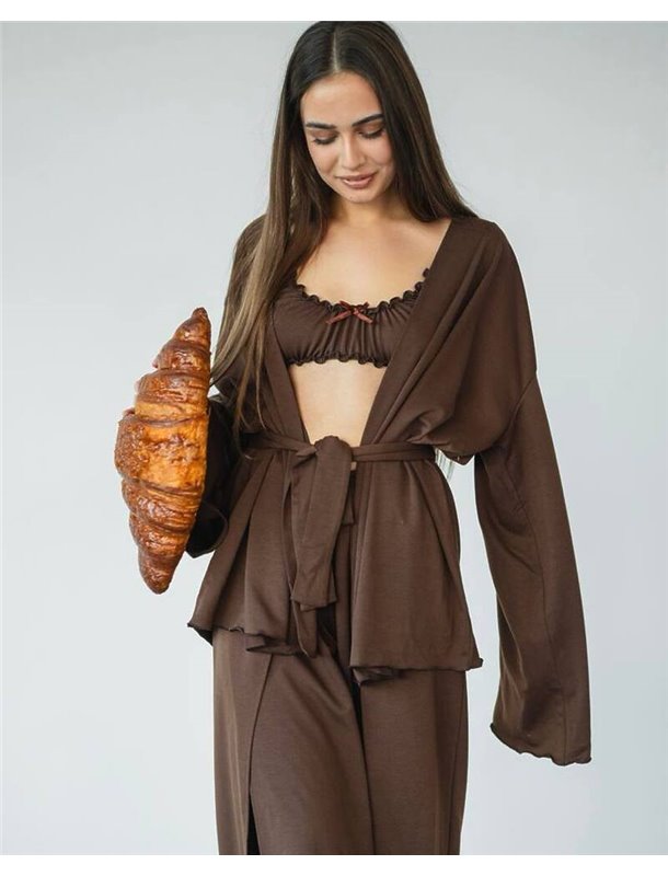 Домашній костюм "Afina" (халат+топ+штани) трикотаж двунитка Коричневий 4606 QC фото - Luxbikini