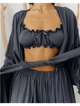 Домашній костюм "Afina" (халат+топ+штани) трикотаж двунитка Сірий 4456 QC фото - Luxbikini