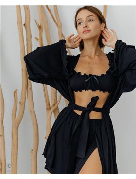 Домашній костюм "Afina" (халат+топ+штани) трикотаж двунитка Чорний 4454 QC фото - Luxbikini