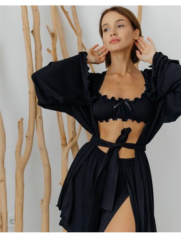 Домашній костюм "Afina" (халат+топ+штани) трикотаж двунитка Чорний 4454 QC фото - Luxbikini