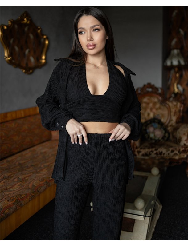 Жіночий костюм-трійка "Dominica" (сорочка+топ+штани) віскоза жатка Чорний 4281 QC фото - Luxbikini