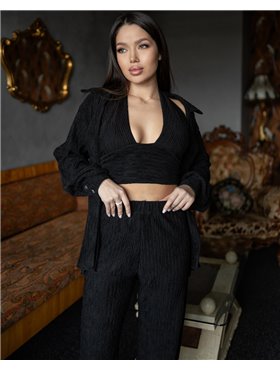 Жіночий костюм-трійка "Dominica" (сорочка+топ+штани) віскоза жатка Чорний 4282 QC фото - Luxbikini