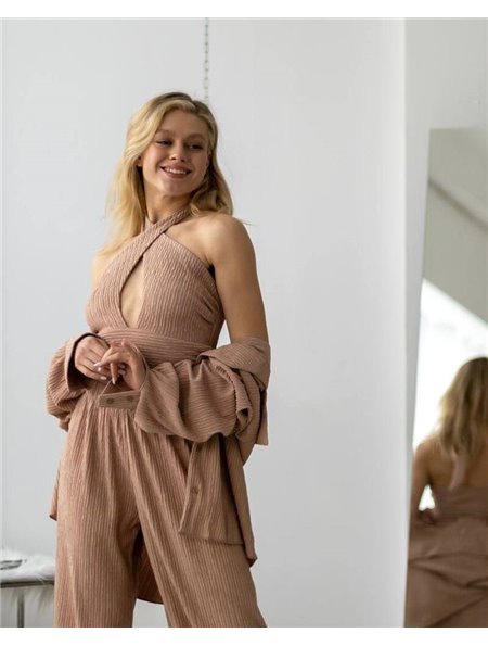 Жіночий костюм-трійка "Dominica" (сорочка+топ+штани) віскоза жатка Бежевий 4278 QC фото - Luxbikini