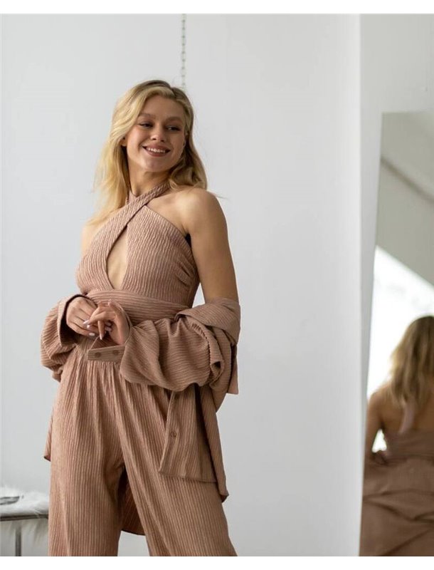 Жіночий костюм-трійка "Dominica" (сорочка+топ+штани) віскоза жатка Бежевий 4280 QC фото - Luxbikini