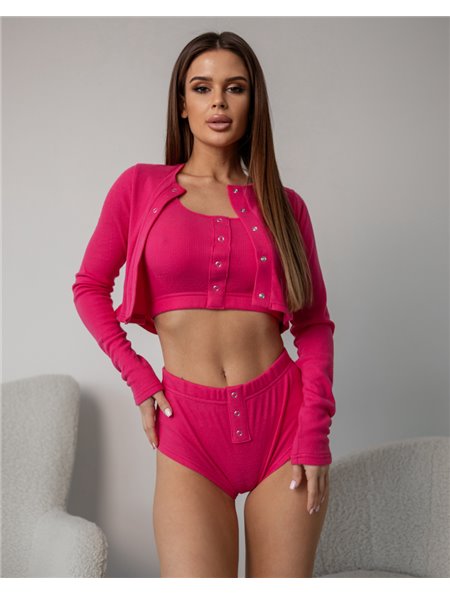 Піжамний костюм-трійка в рубчик "Britney" (кофта+топ+шорти) Рожевий 4232 QC фото - Luxbikini
