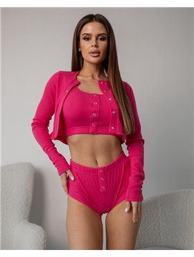 Піжамний костюм-трійка в рубчик "Britney" (кофта+топ+шорти) Рожевий 4266 QC фото - Luxbikini