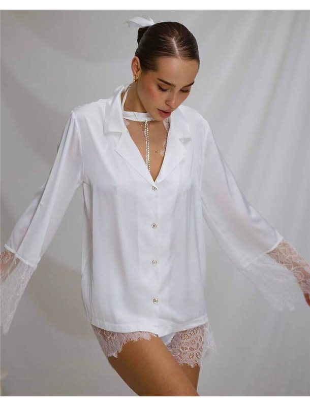 Піжамний костюм-трійка "Angelica" (сорочка+топ+шорти) шовк Армані та мереживо з ланцюжком Білий 4210 QC фото - Luxbikini