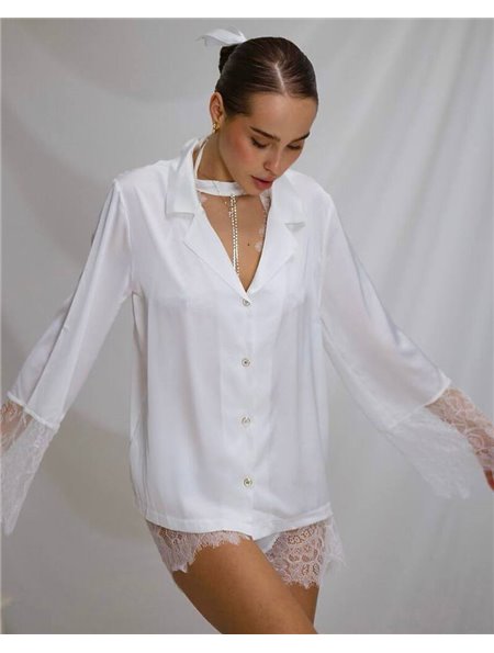 Піжамний костюм-трійка "Angelica" (сорочка+топ+шорти) шовк Армані та мереживо з ланцюжком Білий 4210 QC фото - Luxbikini