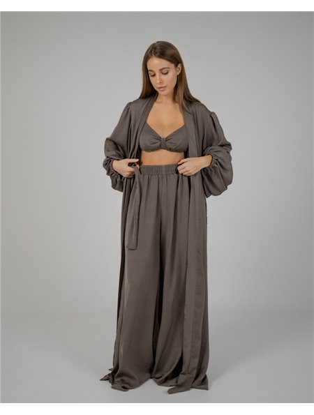 Піжамний костюм-трійка Diana шовк віскоза (бра+халат+штани) Хакі 4179 QC фото - Luxbikini