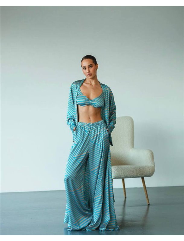 Піжамний костюм-трійка Helen італійський шовк (бра+халат+штани) Блакитний 4166 QC фото - Luxbikini