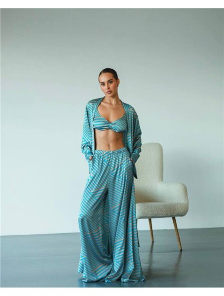 Піжамний костюм-трійка Helen італійський шовк (бра+халат+штани) Блакитний 4166 QC фото - Luxbikini