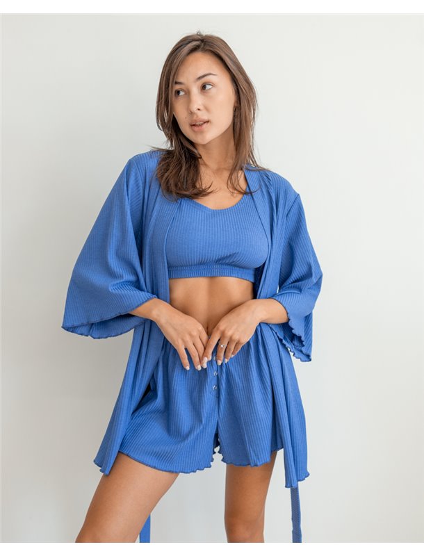 Піжамний костюм трійка з рубчика Dana (халат+топ+шорти) Джинсовий 3952 QC фото - Luxbikini