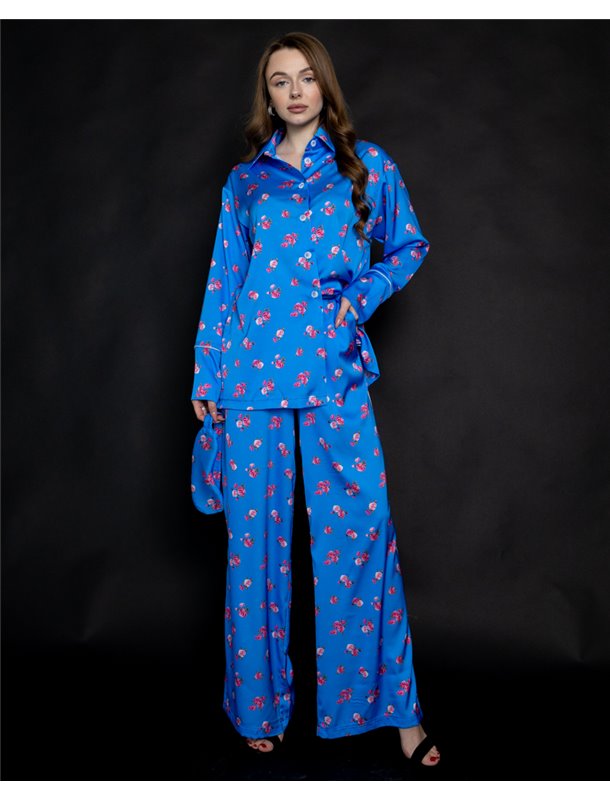 Піжама шовк Армані Італія преміум-класу Flowers Синій 3717 QC фото - Luxbikini