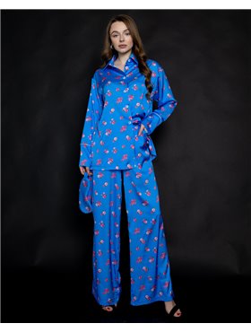 Піжама шовк Армані Італія преміум-класу Flowers Синій 3718 QC фото - Luxbikini