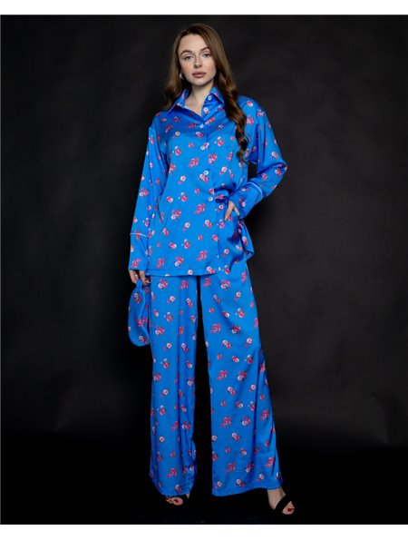 Піжама шовк Армані Італія преміум-класу Flowers Синій 3718 QC фото - Luxbikini