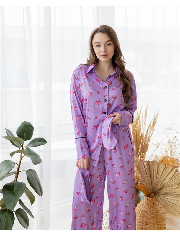 Піжама шовк Армані Італія преміум-класу Flowers Лавандовий 3715 QC фото - Luxbikini