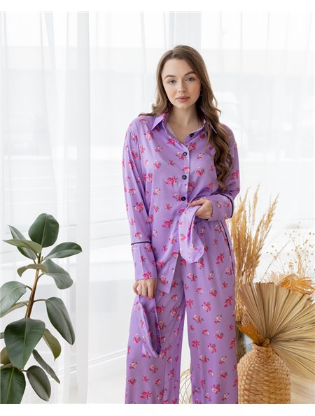 Піжама шовк Армані Італія преміум-класу Flowers Лавандовий 3715 QC фото - Luxbikini