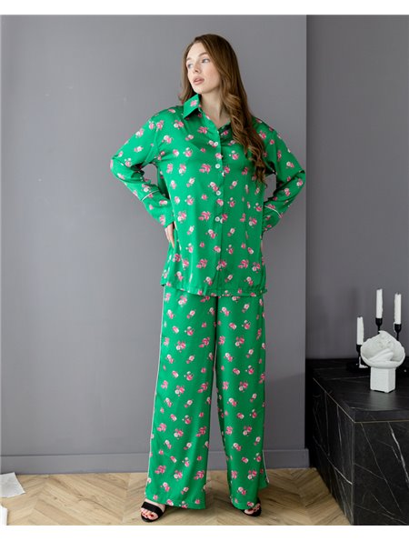 Піжама шовк Армані Італія преміум-класу Flowers Зелений 3711 QC фото - Luxbikini