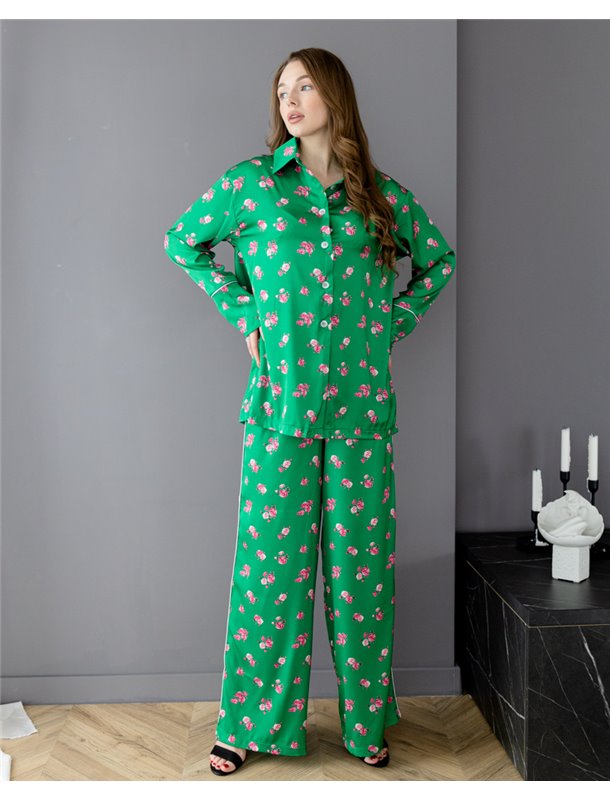 Піжама шовк Армані Італія преміум-класу Flowers Зелений 3712 QC фото - Luxbikini