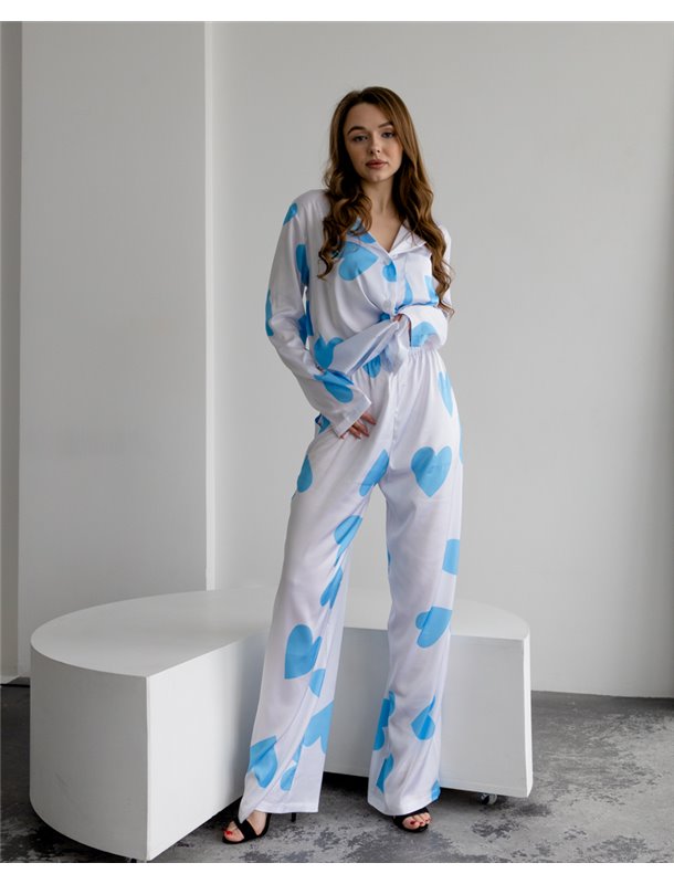 Піжама шовк Армані Falling in love Блакитний 3686 QC фото - Luxbikini