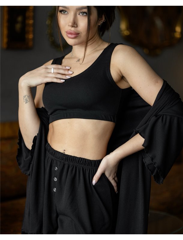 Піжамний костюм трійка з рубчика Dana (халат+топ+шорти) Чорний 5199 QC фото - Luxbikini