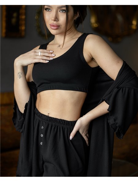 Піжамний костюм трійка з рубчика Dana (халат+топ+шорти) Чорний 5199 QC фото - Luxbikini