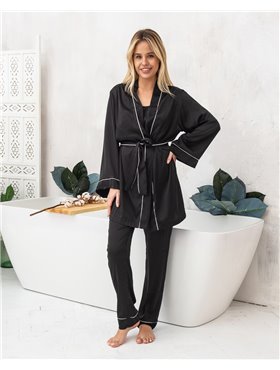 Піжамний костюм четвірка Raya (штани+майка+шорти+халат) з шовку Армані Чорний 2538 QC фото - Luxbikini