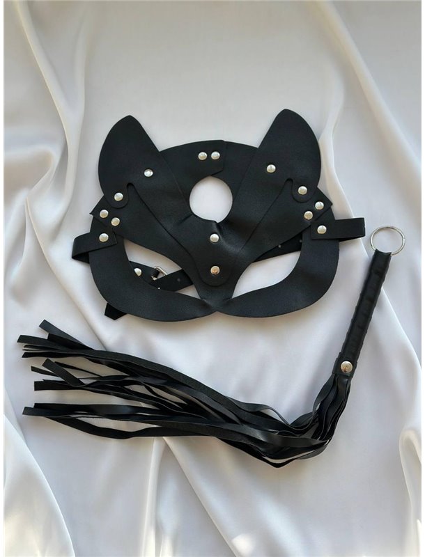 Комплект шкіряний маска кішки та флогер AS1082 Ghazel фото - Luxbikini