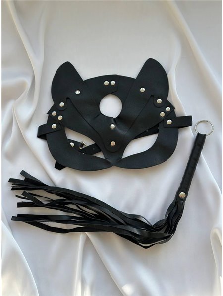 Комплект шкіряний маска кішки та флогер AS1082 Ghazel фото - Luxbikini