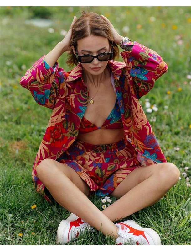 Жіночий костюм-трійка "Мальдіви" (сорочка+бра+шорти) льон Рожевий 4469 QC фото - Luxbikini