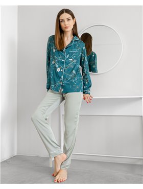 Домашній костюм з шовку Carmen на ґудзиках Смарагдовий 2232 QC фото - Luxbikini