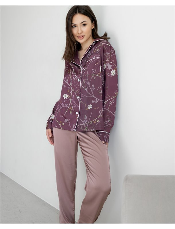 Домашній костюм з шовку Carmen на ґудзиках Сливовий 2229 QC фото - Luxbikini