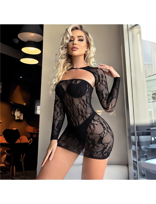 Міні-сукня спокуслива прозора з мережева та довгими нарукавниками S/M/L Чорний X00001251-1 China фото - Luxbikini
