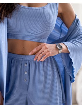 Піжамний костюм трійка з рубчика Dana (халат+топ+шорти) Блакитний