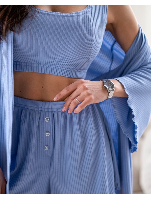 Піжамний костюм трійка з рубчика Dana (халат+топ+шорти) Блакитний