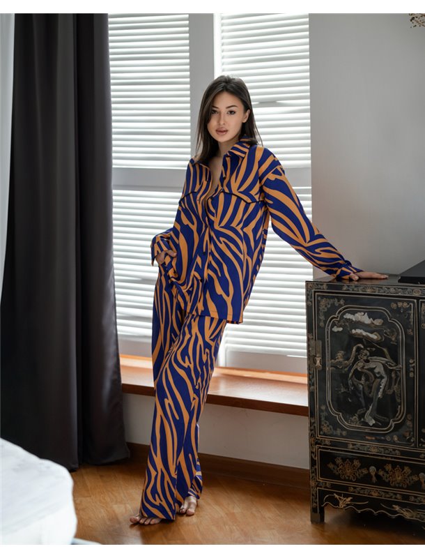 Піжамний костюм трійка "Zаra"(Сорочка+бра+штани) Помаранчево-синій