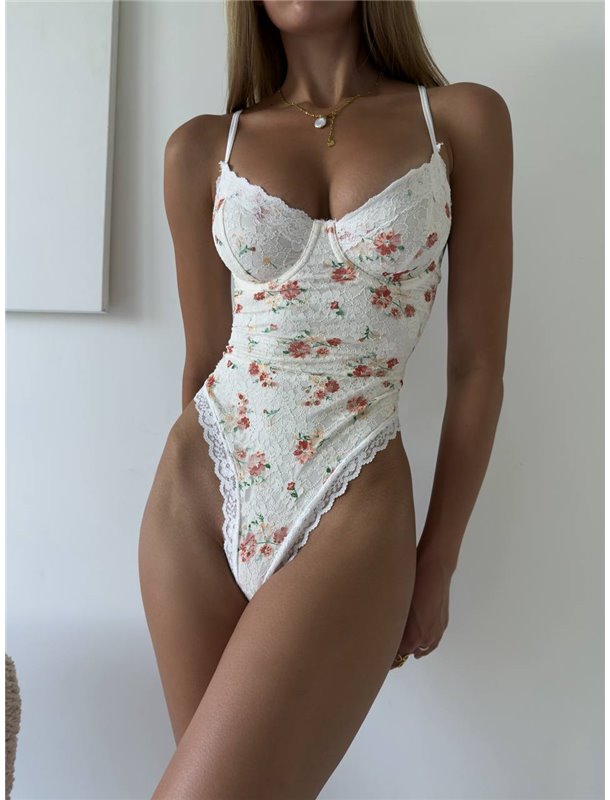Мереживне боді з квітковим принтом