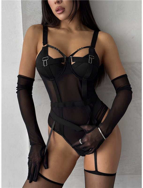 Спокусливе боді з прозорої сітки та акцентними ремінцями